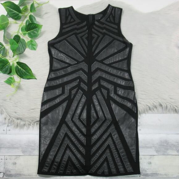 GREYLIN Ollie Black Faux Leather Geometric Patch Sheath Dress Size Large - Picture 1 of 11